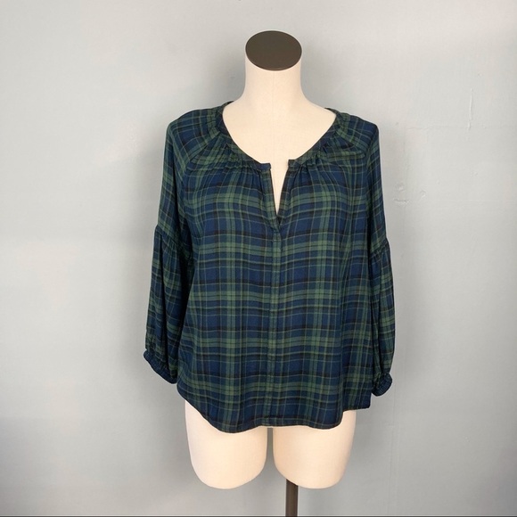 𝅺michael Stars Plaid 3/4 Sleeve Split Neck Blouse - Picture 1 of 14